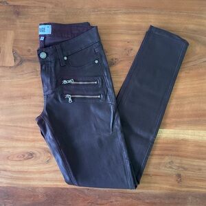 Paige burgundy coated skinny jean wax denim moto zip grunge edgy spring 26
